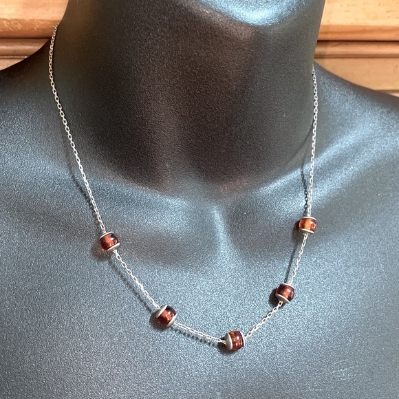 Vintage 925 Sterling Silver Honey Amber Bead Station Necklace - Picture 4 of 8